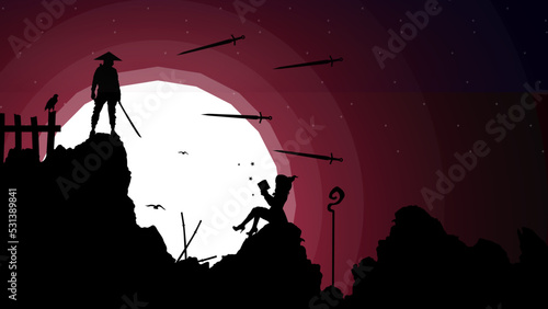 witch versus swordsman. full moon illustration background. knight and witch background.