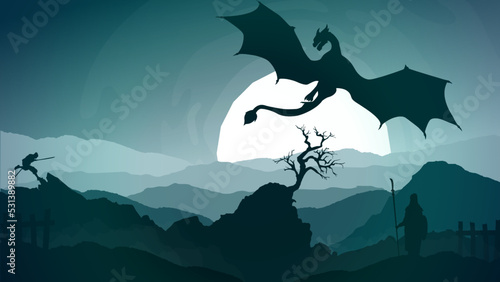 samurai fight against dragon in the mountains at night. samurai against giant dragon. The samurai ran with two swords. illustration of a samurai boy going to war. Dragon flying in the mountains.