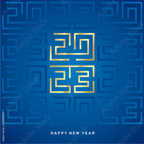 Happy New Year 2023 gold white cyberspace high tech year 2023 typography greek mystic ornament abstract pattern on blue background