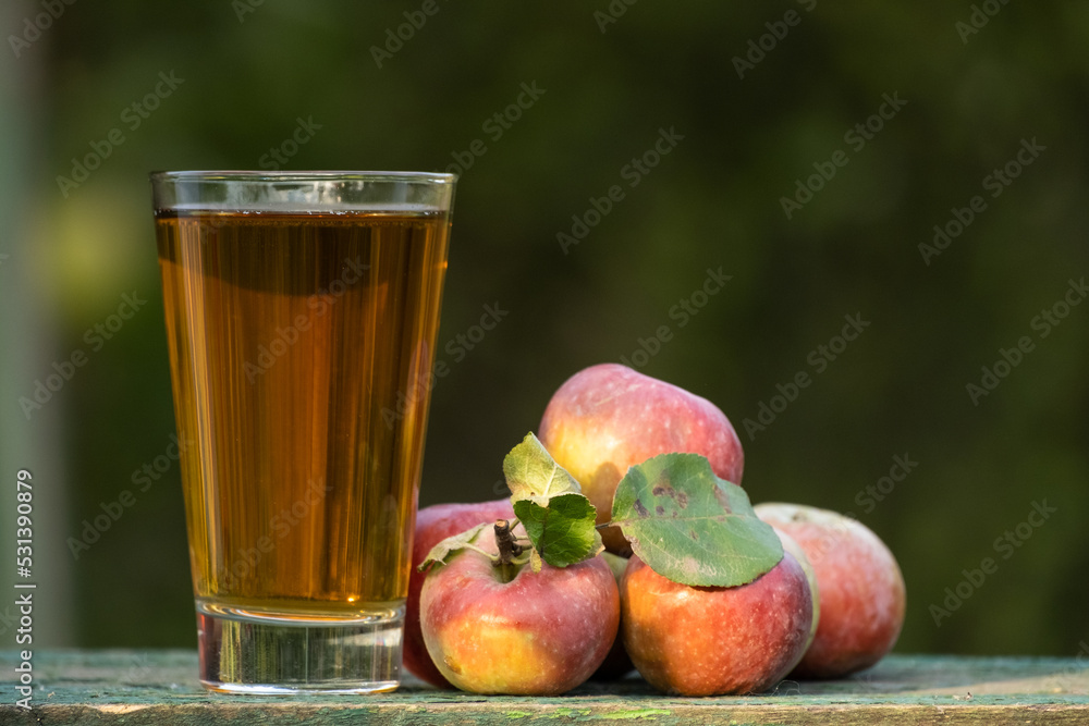Apple juice in a glass with fresh ripe apples on a wooden table in the garden, around it are apples trees. Tasting fresh juice in the orchard in a summer day outdoors close-up Apple juice in a glass with fresh ripe apples on a wooden table in the garden, around it are apples trees. Tasting fresh juice in the orchard in a summer day outdoors close-up