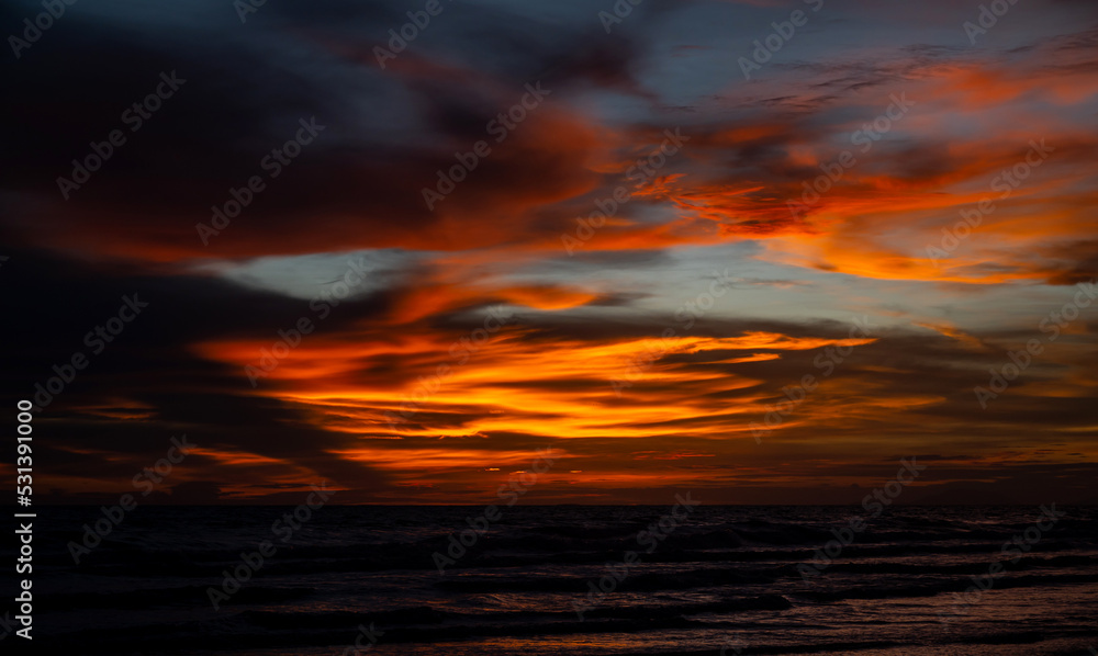 Panorama Beautiful sunset over the sea.Dramatic sky on twilight time and reflection on the sea for travel in holiday relax time,Asia landscape concept.
