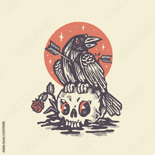 The raven and skull vintage tattoo style illustration