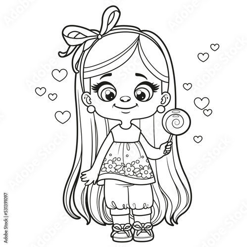 Cute cartoon longhaired girl with lollipop candy in hand coloring page on a white background