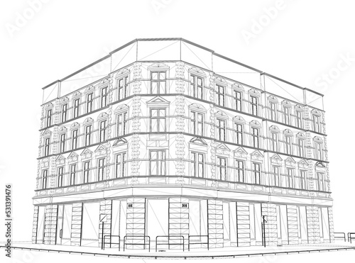 Wireframe of a four-story building from black lines isolated on a white background. Perspective view. 3D. Vector illustration.