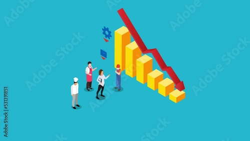 Group of people stand with declining finance chart