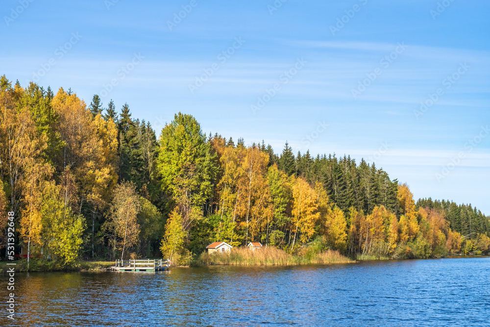 Forest lake with a cottage and a jetty in autumn