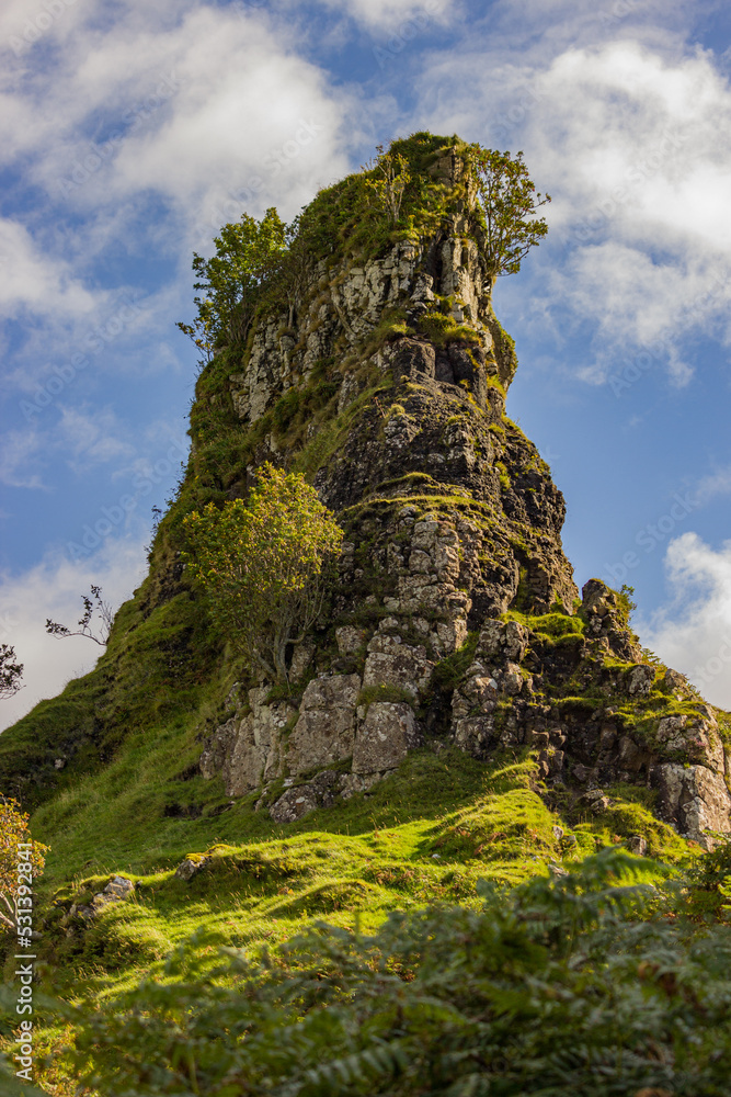 Castle Ewen tower at Fairy Glen unique landscape, Isle of Skye, Scotland Castle Ewen tower at Fairy Glen unique landscape, Isle of Skye, Scotland