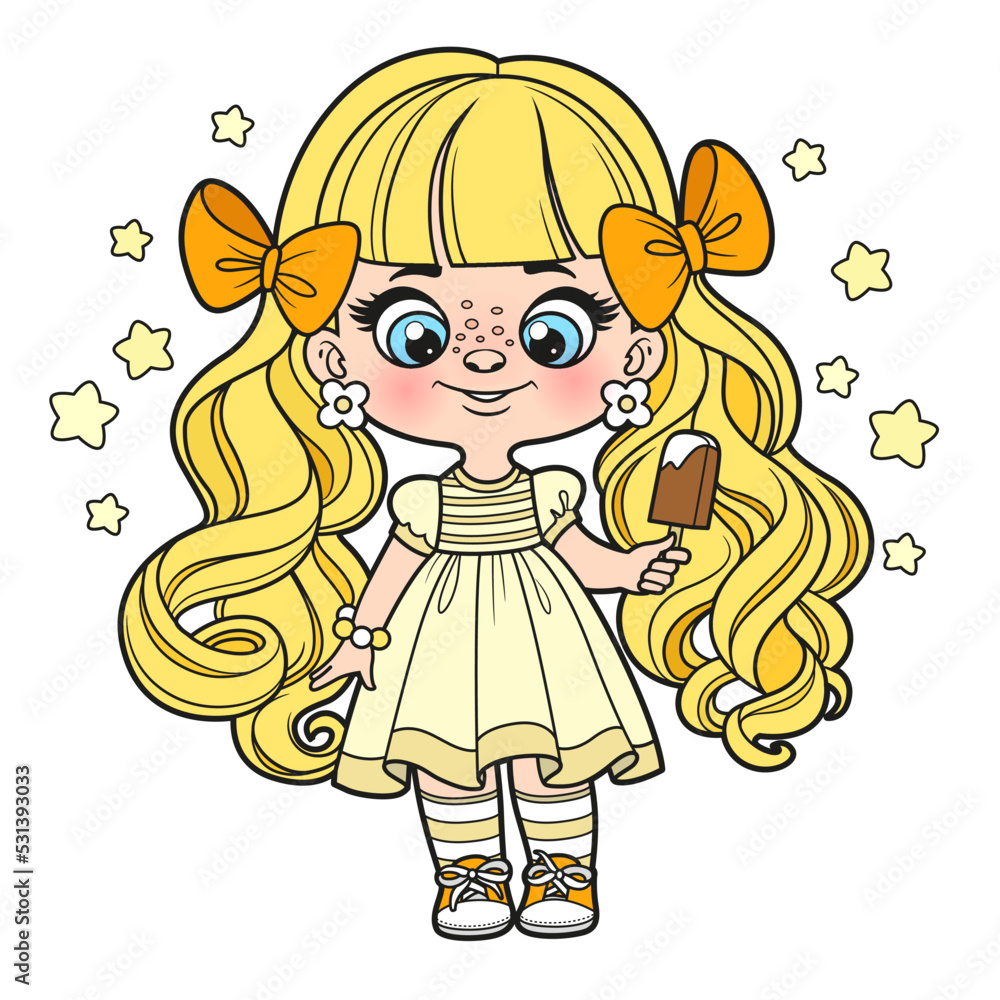 Fototapeta premium Cute cartoon longhaired girl with ice lolly in hand color variation for coloring page on a white background