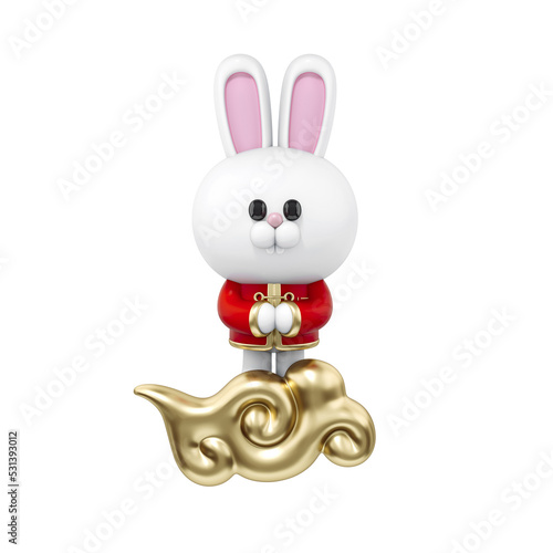 3d Rabbit Chinese Zodiac sign character standing on a golden cloud 3d rendering. 3d illustration greeting for Happiness  Prosperity and Longevity. 2023 Chinese new year festival.