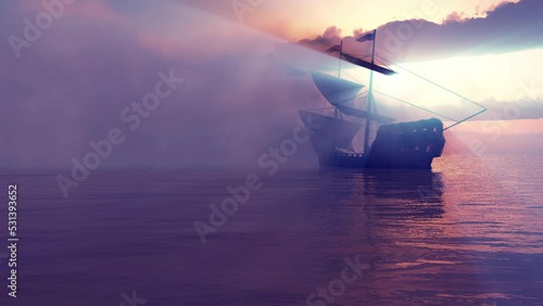 Fog And Old Ship In Sunset 4k