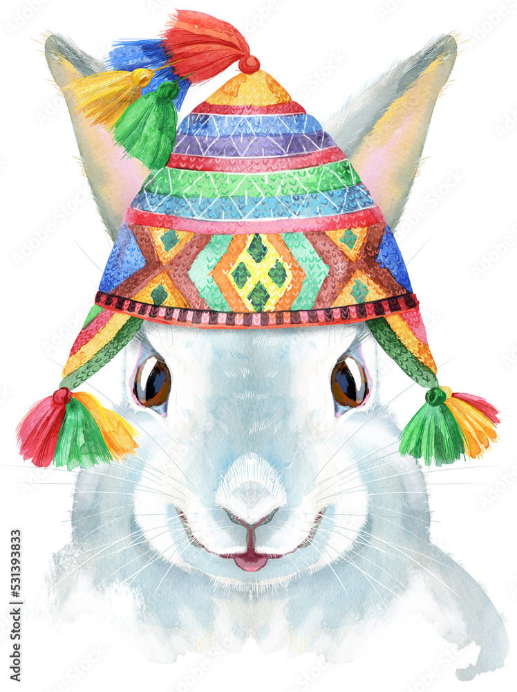 Watercolor illustration of a white rabbit in chullo hat