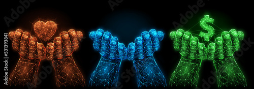 The concept of love, hope and wealth. Polygonal vector illustration of human hands raised palms up and holding heart and dollar symbol.