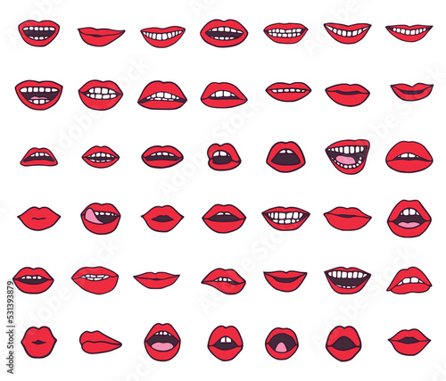 Vector set of mouths or lips icons in cartoon style isolated on white background.