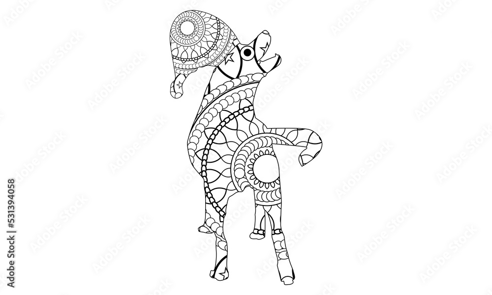 Vector Christmas illustration zentangl dog in a scarf and hat. Doodle drawing. Coloring book anti stress for adults. Meditative exercises. Black and white.