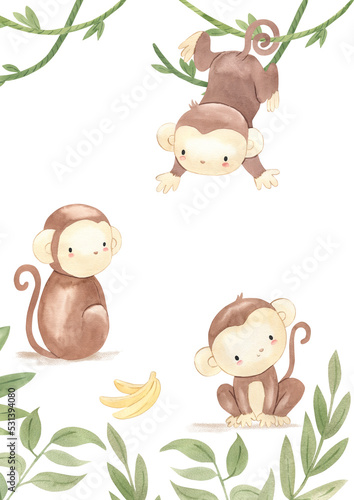 watercolor monkey template for nursery  baby shower  invitation for birthday party