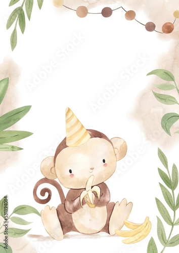 Canvas Print watercolor monkey template for nursery, baby shower, invitation for birthday par