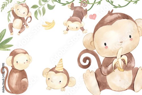 Canvas Print watercolor monkey template for nursery, baby shower, invitation for birthday par