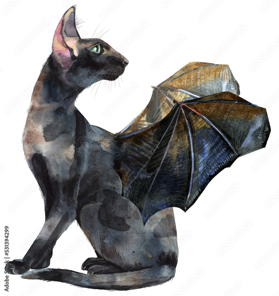 Fototapeta premium Watercolor oriental black cat with bat wings. Painting animal illustration