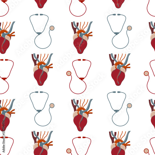 Medical seamless pattern with stethoscope and human heart. Medical anatomy wallpaper.