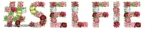 Hashtag sign with word SELFIE of watercolor flowers for decoration © Andreichenko
