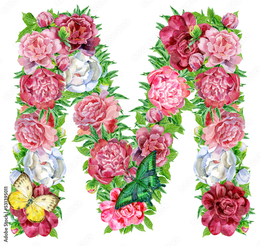 Letter M of watercolor flowers