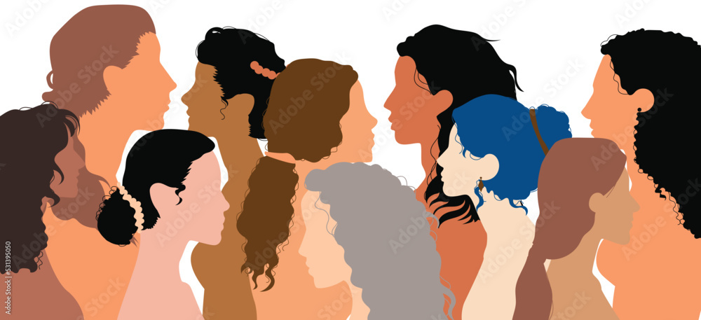 Communication group of multicultural diversity women and girls. Racial equality. Friendship and collaboration. Women and girls of diverse culture in social networking.