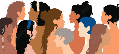 Friendship group of women and girls from different ethnicities and racial backgrounds who communicate and share information online and in the community. Female diversity and Head profile.