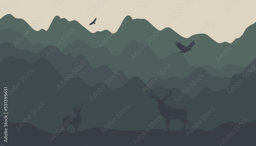 Fototapeta premium A beautiful landscape with reindeer. Landscape with a journey in the mountains. Beautiful view with mountains and deer.Stylish background,wallpaper,template with mountains and deer.