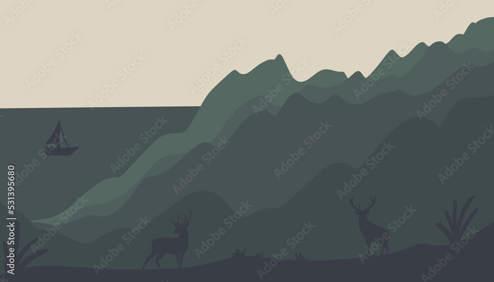 Fototapeta premium A beautiful landscape with reindeer. Landscape with a journey in the mountains. Beautiful view with mountains and deer.Stylish background,wallpaper,template with mountains and deer.