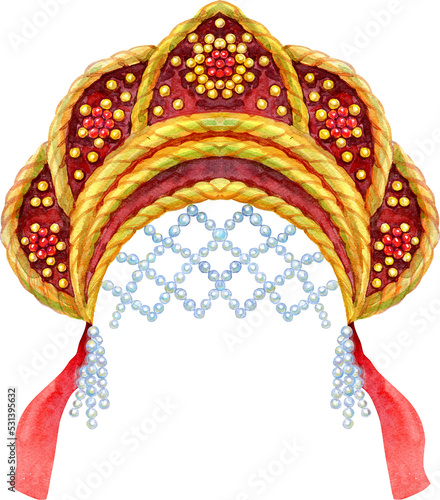 Watercolor illustration Russian national headdress kokoshnik with gold ornament and beads photo