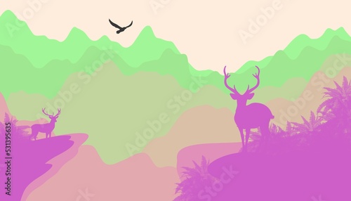 A beautiful landscape with reindeer. Landscape with a journey in the mountains. Beautiful view with mountains and deer.Stylish background wallpaper template with mountains and deer.