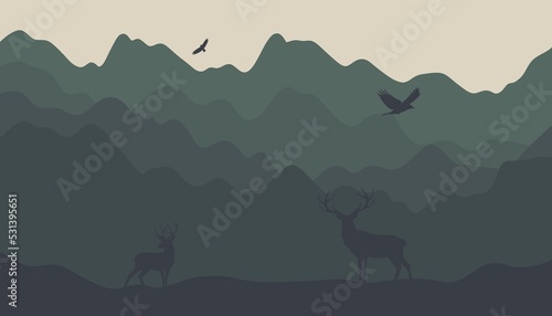 A beautiful landscape with reindeer. Landscape with a journey in the mountains. Beautiful view with mountains and deer.Stylish background,wallpaper,template with mountains and deer.