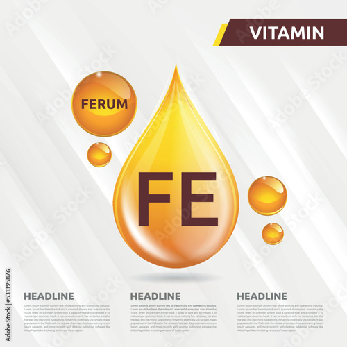 Fe Ferum calcium icon Logo Golden Drop, Complex drop. Medical background heath Vector illustration