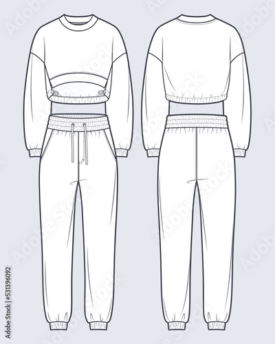 Set of Cropped Sweatshirt, Jogger Pants fashion flat technical drawing template. Unisex Sweatshirt, Jogger Pants technical fashion Illustration, front, back view, white, women, men, unisex CAD mockup.