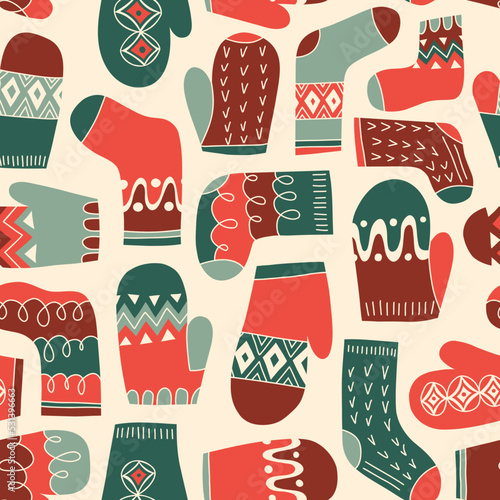 Colorful Retro Knitted Mittens and Socks Vector Seamless Pattern. Hand Daawn Fair Isle Knitwear Graphic Print. Winter Holiday Background. Red and White Christmas Doodle Design