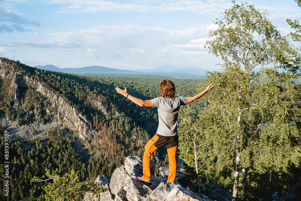 Naklejka premium A happy guy stands in the mountains with his hands to the sides, a hipster climbed a stone, a victorious raising of his hands to the sky, a beautiful view of the mountains, a man a view from behind.