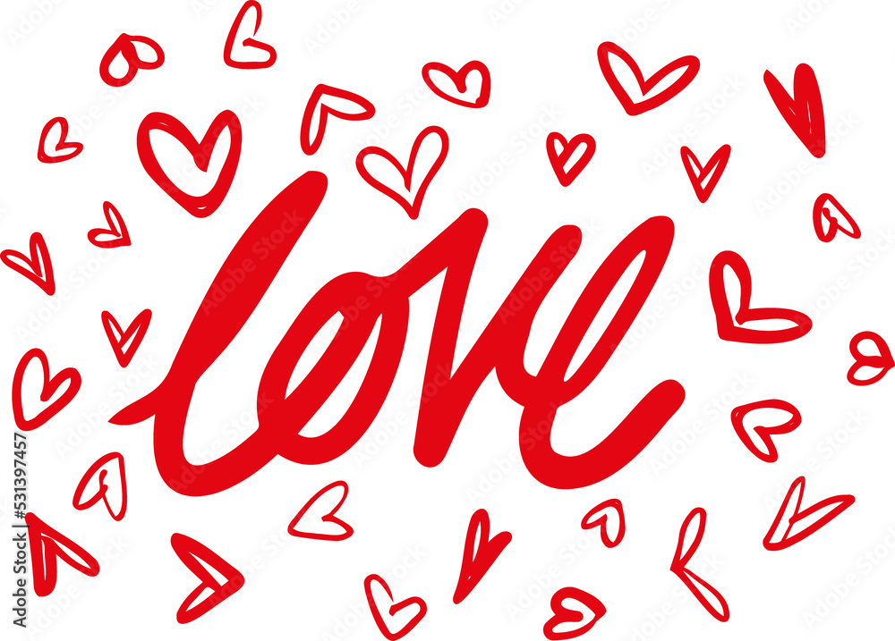 Hand drawn love lettering with flying hearts illustration. Doodled wording with red love sign graphic. Hand drawn love lettering with flying hearts illustration. Doodled wording with red love sign graphic.