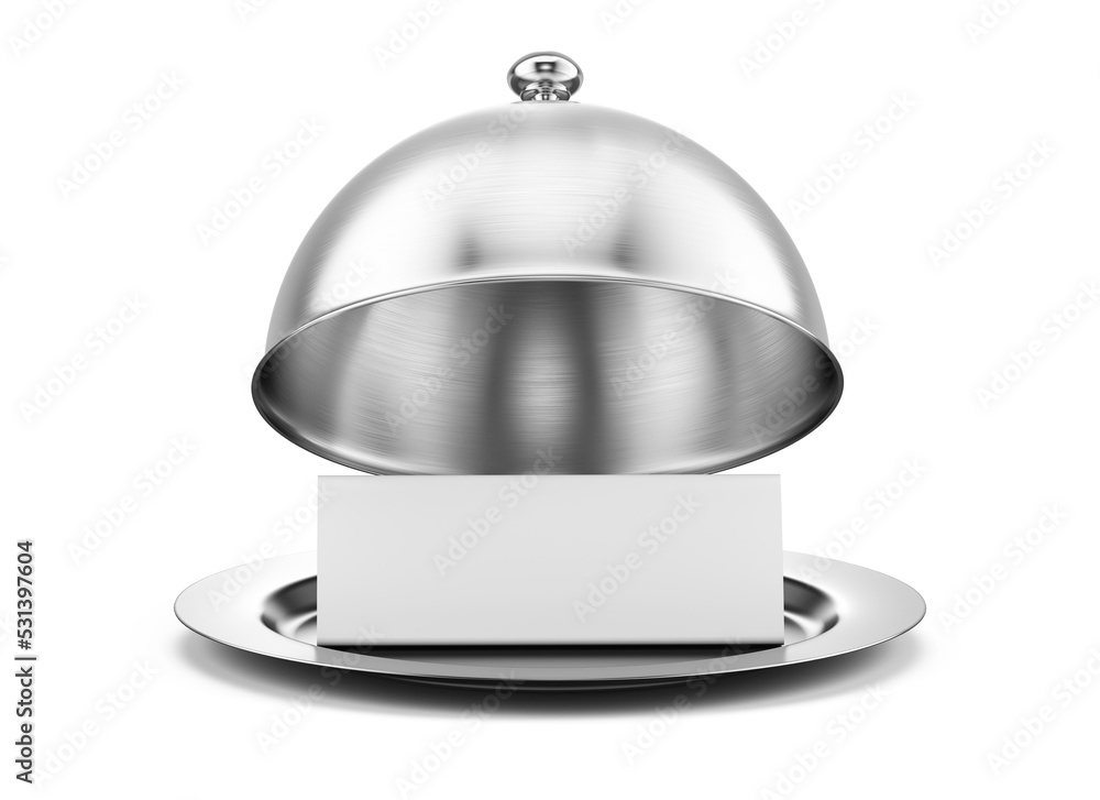 Fototapeta premium Open silver steel serving Cloche with blank paper isolated on a white background. 3d rendering