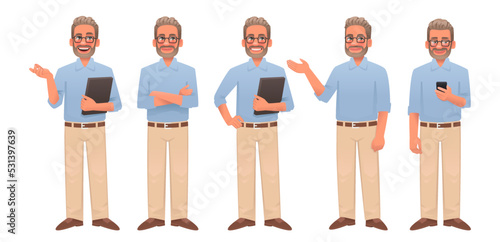 Male teacher character set. The teacher points with his hand at something, poses, looks at the smartphone