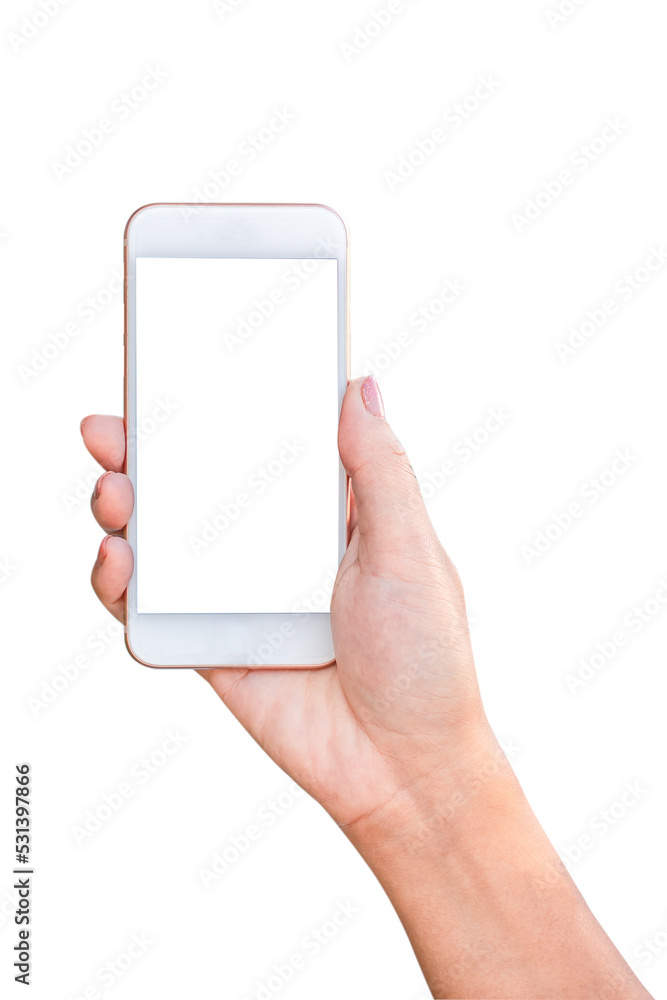 Female hand holding smart phone with white screen at isolated 