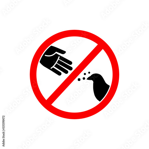 Do Not Feed Sign or Do Not Feed Symbol Vector On White Background. Do not feed the birds warning sign, stylized vector pigeon silhouette and hand symbol in crossed red circle.