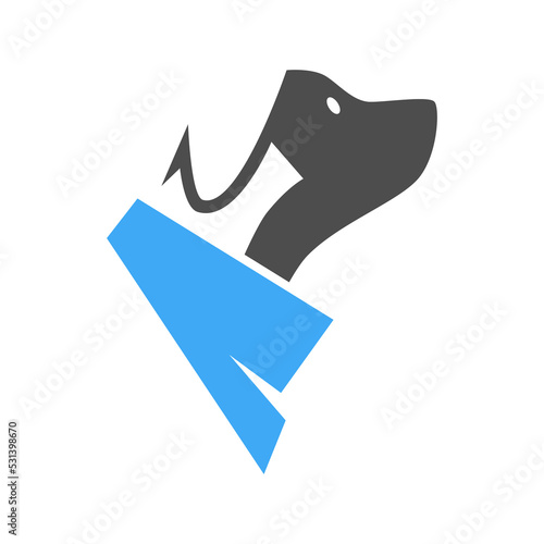 Dog wearing blue bandana in profile portrait symbol on white backdrop. Design element