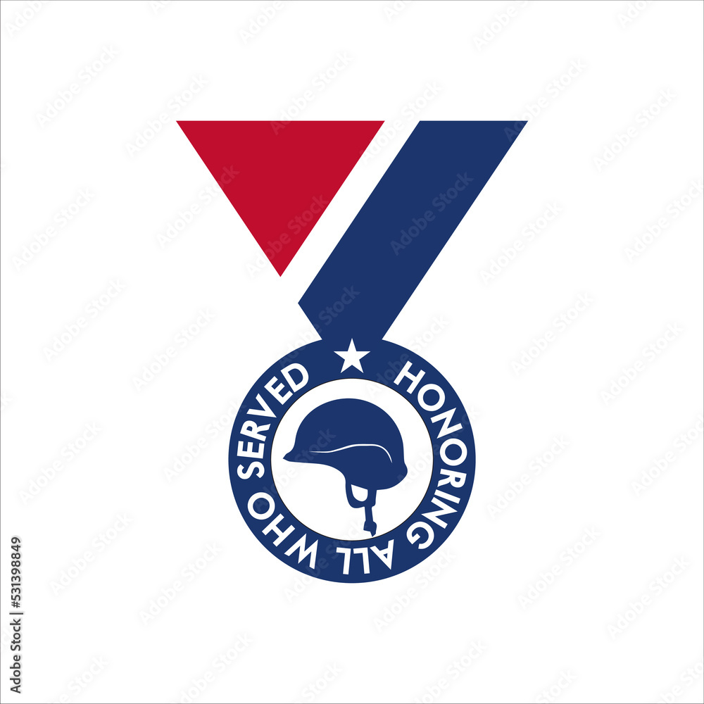 Medal with red and blue ribbon illustrated as Veterans Day element Medal with red and blue ribbon illustrated as Veterans Day element