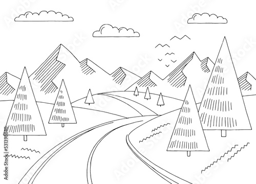 Mountain road simple graphic black white landscape sketch illustration vector 