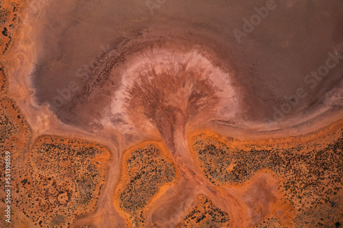 Aerial view looking down of a salt lake in the Northern Territory red centre