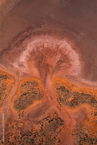 Aerial view looking down of a salt lake in the Northern Territory red centre