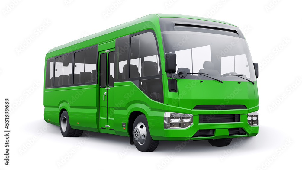 Small green bus for urban and suburban for travel. Car with empty body for design and advertising. 3d illustration Small green bus for urban and suburban for travel. Car with empty body for design and advertising. 3d illustration
