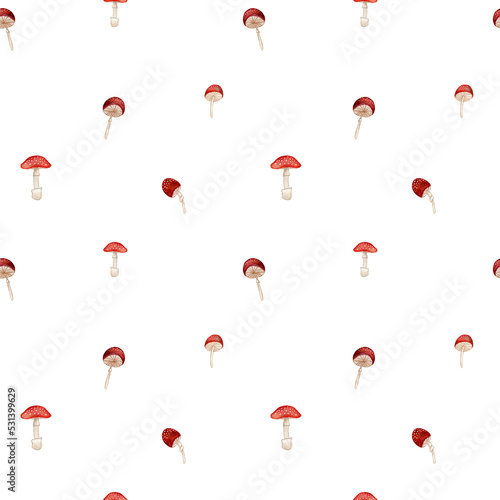 Watercolor seamless pattern with mushrooms on white background. Minimal autumn design
