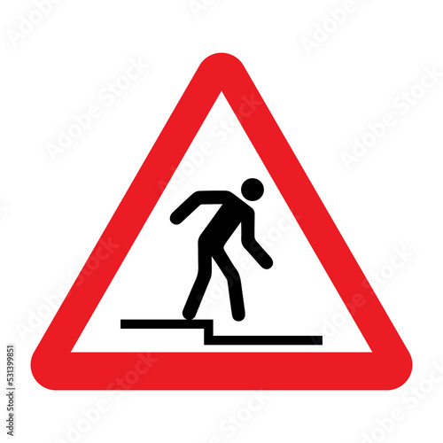 Step down warning sign. Vector illustration of red  triangle sign with man stepping down. Single-stepped change of level. Caution risk of falling symbol isolated on white background.