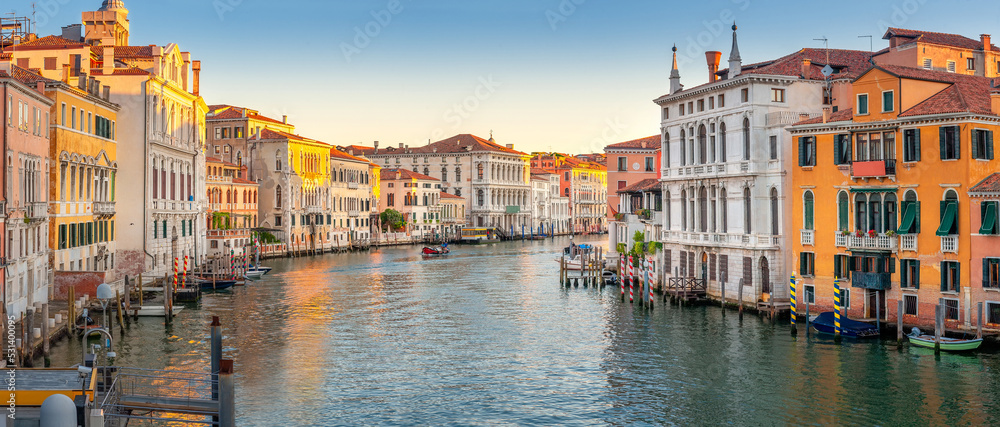 Stunning View of Grand Canal in Venice at sunrise, Italy. Summer holidays. Travel concept background.